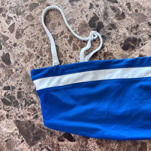 Aerie | Women’s Blue and White Bandeau Bikini Top White Ribbed Adjustable Straps - Picture 3 of 14